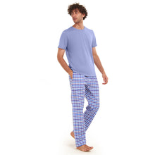 Load image into Gallery viewer, Men summer pajama set Light BlueT-shirt + light blue x White Checkered Pants