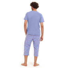Load image into Gallery viewer, Men summer pajama set Light blue T-shirt + light blue x White Checkered Pantacor