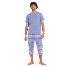 Load image into Gallery viewer, Men summer pajama set Light blue T-shirt + light blue x White Checkered Pantacor