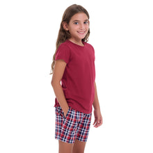 Load image into Gallery viewer, Girls summer pajama set Dark red t-shirt + Dark Blue x Red Checkered shorts