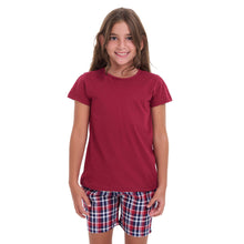 Load image into Gallery viewer, Girls summer pajama set Dark red t-shirt + Dark Blue x Red Checkered shorts