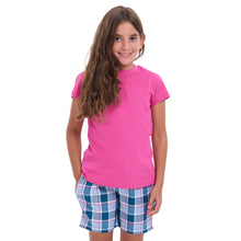 Load image into Gallery viewer, Girls summer pajama set Fuchsia t-shirt + Light blue x Petroleum Checkered shorts