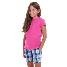 Load image into Gallery viewer, Girls summer pajama set Fuchsia t-shirt + Light blue x Petroleum Checkered shorts
