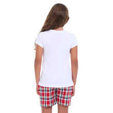 Load image into Gallery viewer, Girls summer pajama set White t-shirt + Red x Dark blue checkered shorts