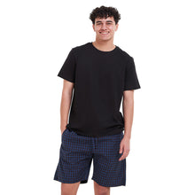 Load image into Gallery viewer, Men summer pajama set Black T-shirt + Blue x Black checkered shorts