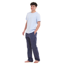 Load image into Gallery viewer, Men summer pajama set Light Blue T-shirt + Dark Blue x Grey Checkered Pants