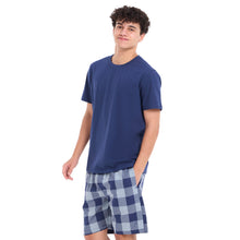 Load image into Gallery viewer, Men summer pajama set Dark blue T-shirt + Light blue x dark blue Checkered shorts