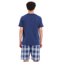 Load image into Gallery viewer, Men summer pajama set Dark blue T-shirt + Light blue x dark blue Checkered shorts