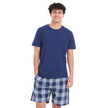 Load image into Gallery viewer, Men summer pajama set Dark blue T-shirt + Light blue x dark blue Checkered shorts