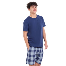 Load image into Gallery viewer, Men summer pajama set Dark blue T-shirt + Light blue x dark blue Checkered shorts