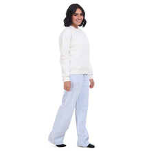 Load image into Gallery viewer, Women Winter Pajama Set Off White Sweatshirt + Baby Blue Stripes Pants