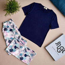 Load image into Gallery viewer, Women summer pajama set Dark blue top +Floral pattern Pants