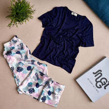 Load image into Gallery viewer, Women summer pajama set Dark blue top +Floral pattern Pants