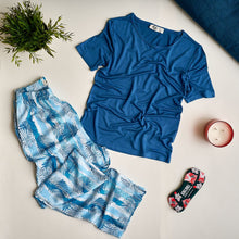 Load image into Gallery viewer, Women summer pajama set Dark blue top + Palm leaves pants