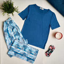 Load image into Gallery viewer, Women summer pajama set Dark blue top + Palm leaves pants