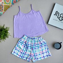 Load image into Gallery viewer, Women summer pajama set Light purple top +Checkered shorts