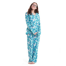 Load image into Gallery viewer, Women summer pajama set Turquoise Leaves buttoned shirt + Pants