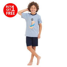 Load image into Gallery viewer, Boys summer pajama set Cashmere dinasour t-shirt +Dark blue shorts