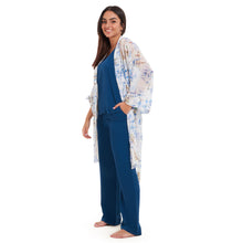 Load image into Gallery viewer, Women summer 3 piece pajama set Abstract Ocean watercolors kimono + Petroleum top & Pants