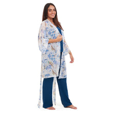 Load image into Gallery viewer, Women summer 3 piece pajama set Abstract Ocean watercolors kimono + Petroleum top & Pants