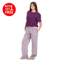 Load image into Gallery viewer, Women summer pajama set Dark Purple Cropped top + Purple x White checkered pants

