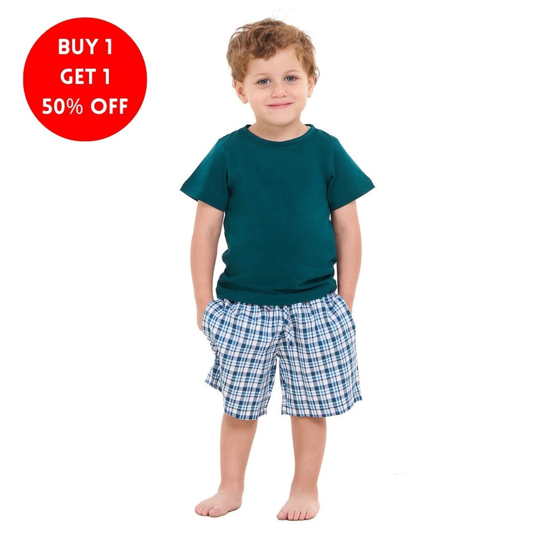 Boys summer pajama set Petroleum t-shirt +Petroleum x White Checkered  shorts