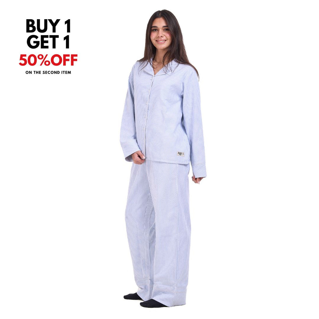 Women Winter Pajama Set Baby Blue Stripes buttoned sweatshirt + pants