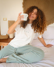Load image into Gallery viewer, Women summer pajama set White T-shirt + Mint Green Pants
