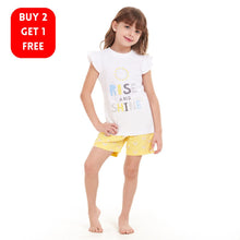 Load image into Gallery viewer, Girls summer pajama set Rise &amp; Shine t-shirt + Pastel Yellow shorts

