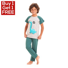 Load image into Gallery viewer, Boys summer pajama set Light blue dinasour t-shirt +Green pants
