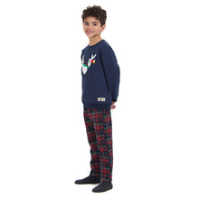Load image into Gallery viewer, Boys Winter pajama set Dark Blue deer Hoodie + Dark Blue x Red Checkered Pants
