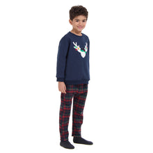 Load image into Gallery viewer, Boys Winter pajama set Dark Blue deer Hoodie + Dark Blue x Red Checkered Pants

