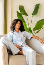 Load image into Gallery viewer, Women Eid Pj Set Light Blue Stripes buttoned shirt + Pants
