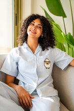 Load image into Gallery viewer, Women Eid Pj Set Light Blue Stripes buttoned shirt + Pants
