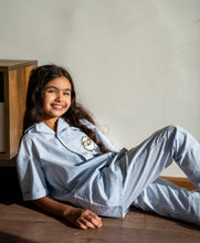 Load image into Gallery viewer, Kids Unisex Eid Pj Set Light Blue Stripes Buttoned shirt + Pants
