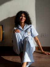 Load image into Gallery viewer, Women Eid Pj Set Light Blue Stripes buttoned shirt + Pants
