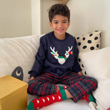 Load image into Gallery viewer, Boys Winter pajama set Dark Blue deer Hoodie + Dark Blue x Red Checkered Pants
