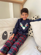 Load image into Gallery viewer, Boys Winter pajama set Dark Blue deer Hoodie + Dark Blue x Red Checkered Pants
