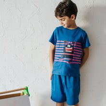 Load image into Gallery viewer, Boys summer pajama set Monster striped t-shirt + Indigo shorts
