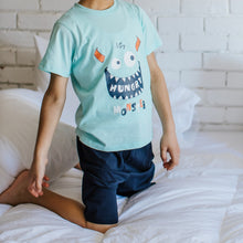Load image into Gallery viewer, Boys summer pajama set Hungry monster t-shirt +Dark blue shorts
