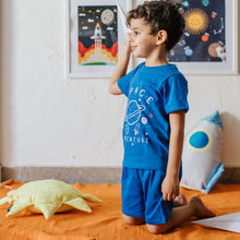 Load image into Gallery viewer, Boys summer pajama set Space t-shirt + Blue shorts

