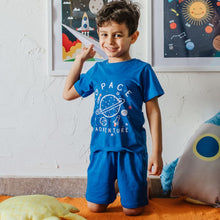 Load image into Gallery viewer, Boys summer pajama set Space t-shirt + Blue shorts
