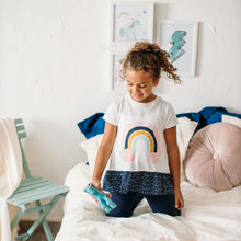 Load image into Gallery viewer, Girls summer pajama set Rainbow t-shirt + Dark blue leggings
