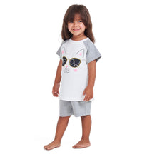 Load image into Gallery viewer, Girls summer pajama set Cat t-shirt + Grey shorts
