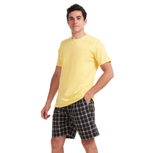 Load image into Gallery viewer, Men summer pajama set Yellow T-shirt + Black x yellow checkered shorts
