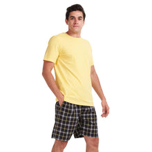 Load image into Gallery viewer, Men summer pajama set Yellow T-shirt + Black x yellow checkered shorts
