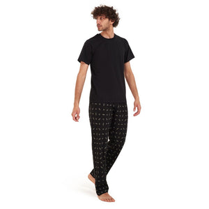 Men summer pajama set Black t-shirt +Black leaves Pants