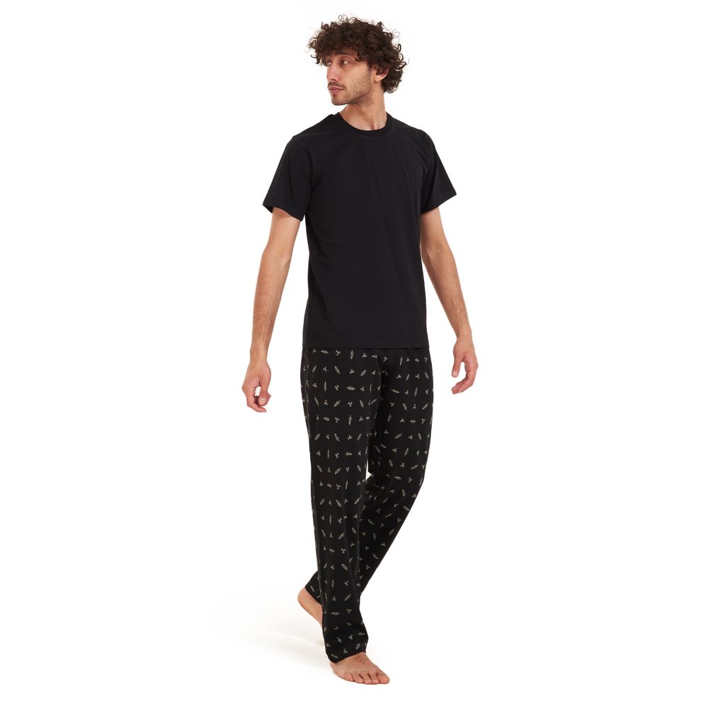 Men summer pajama set Black t-shirt +Black leaves Pants