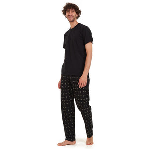 Men summer pajama set Black t-shirt +Black leaves Pants