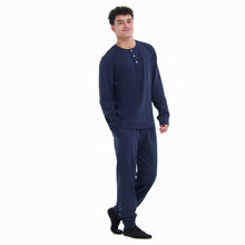 Load image into Gallery viewer, Men Fall Pajama Set Dark Blue Buttoned Sweatshirt + Pants
